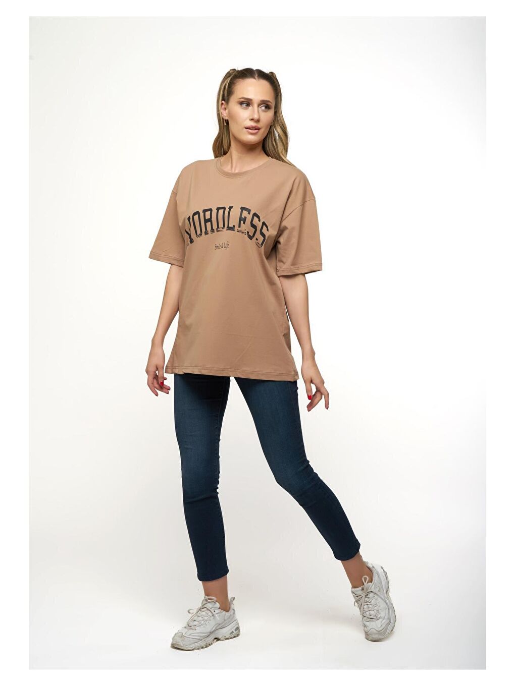 Kahverengi Kadın Oversize Vizon Wordless Baskılı Tişört-4