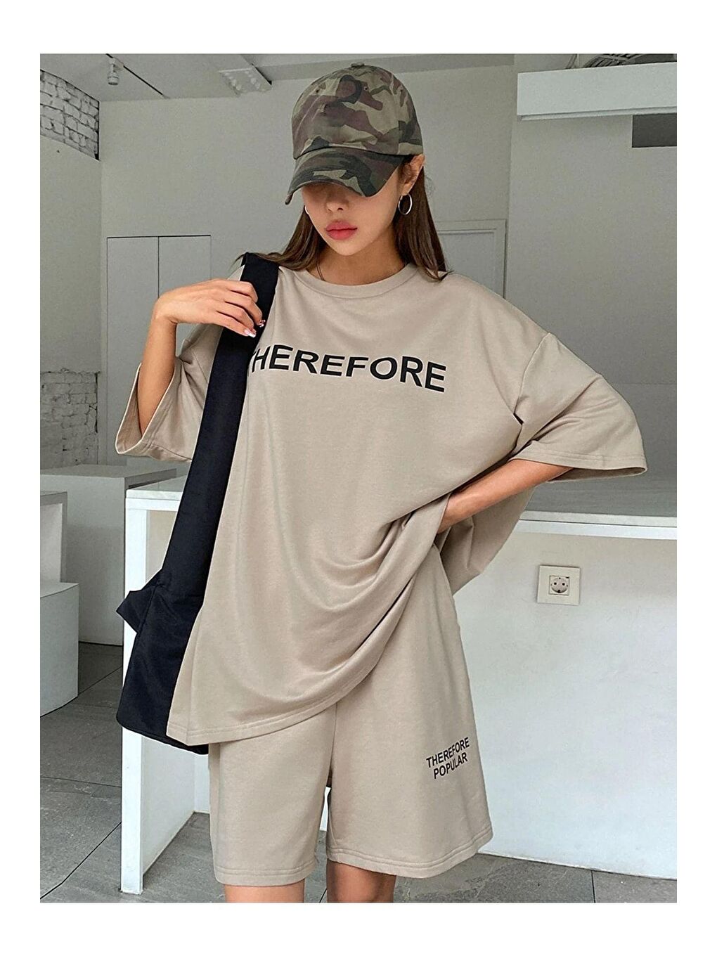 Bej Kadın Vizon Therefore Baskılı Oversize Şortlu Takım