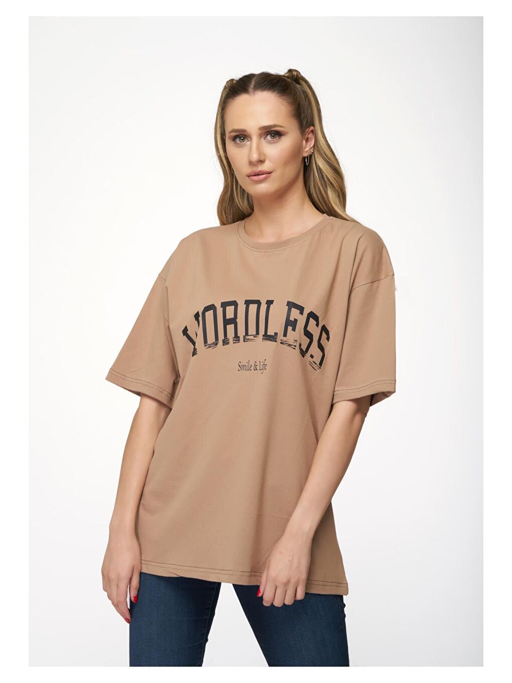 Kahverengi Kadın Oversize Vizon Wordless Baskılı Tişört-5