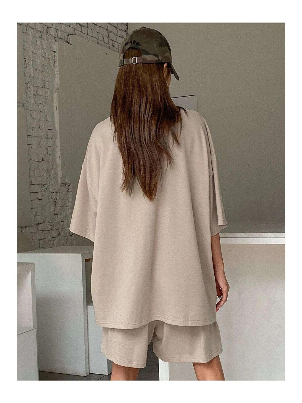 Bej Kadın Vizon Therefore Baskılı Oversize Şortlu Takım-1