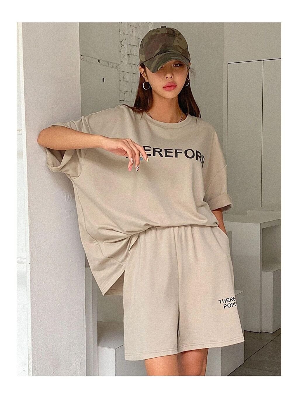 Bej Kadın Vizon Therefore Baskılı Oversize Şortlu Takım-2