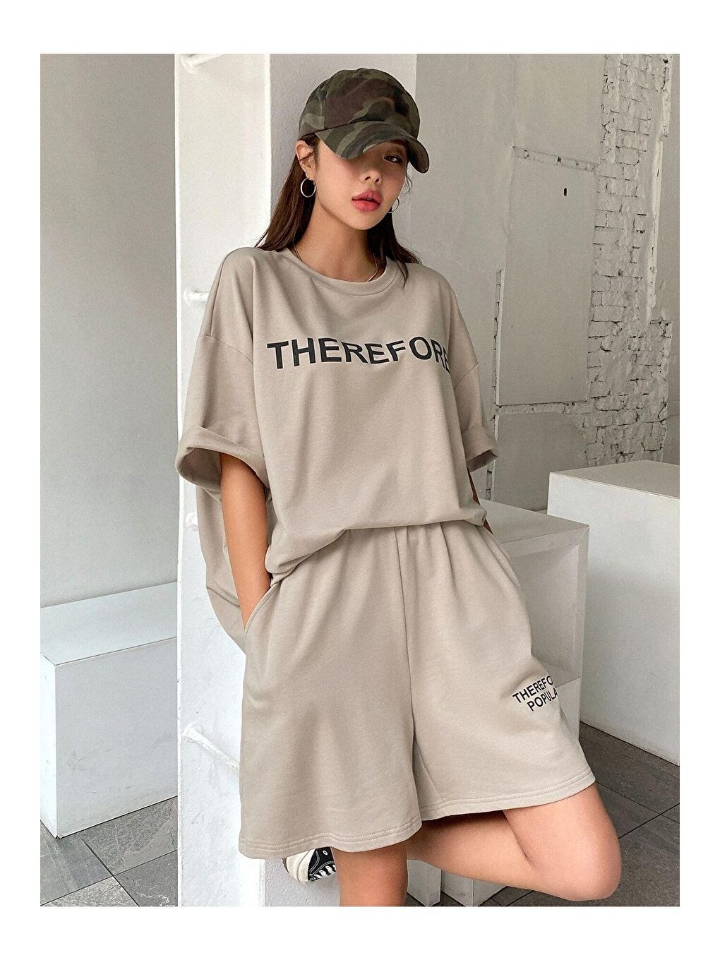 Bej Kadın Vizon Therefore Baskılı Oversize Şortlu Takım-4