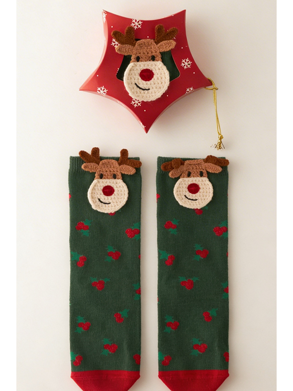 Çocuk Geyik Desenli Kutulu Yılbaşı Soket Çorap Yeşil