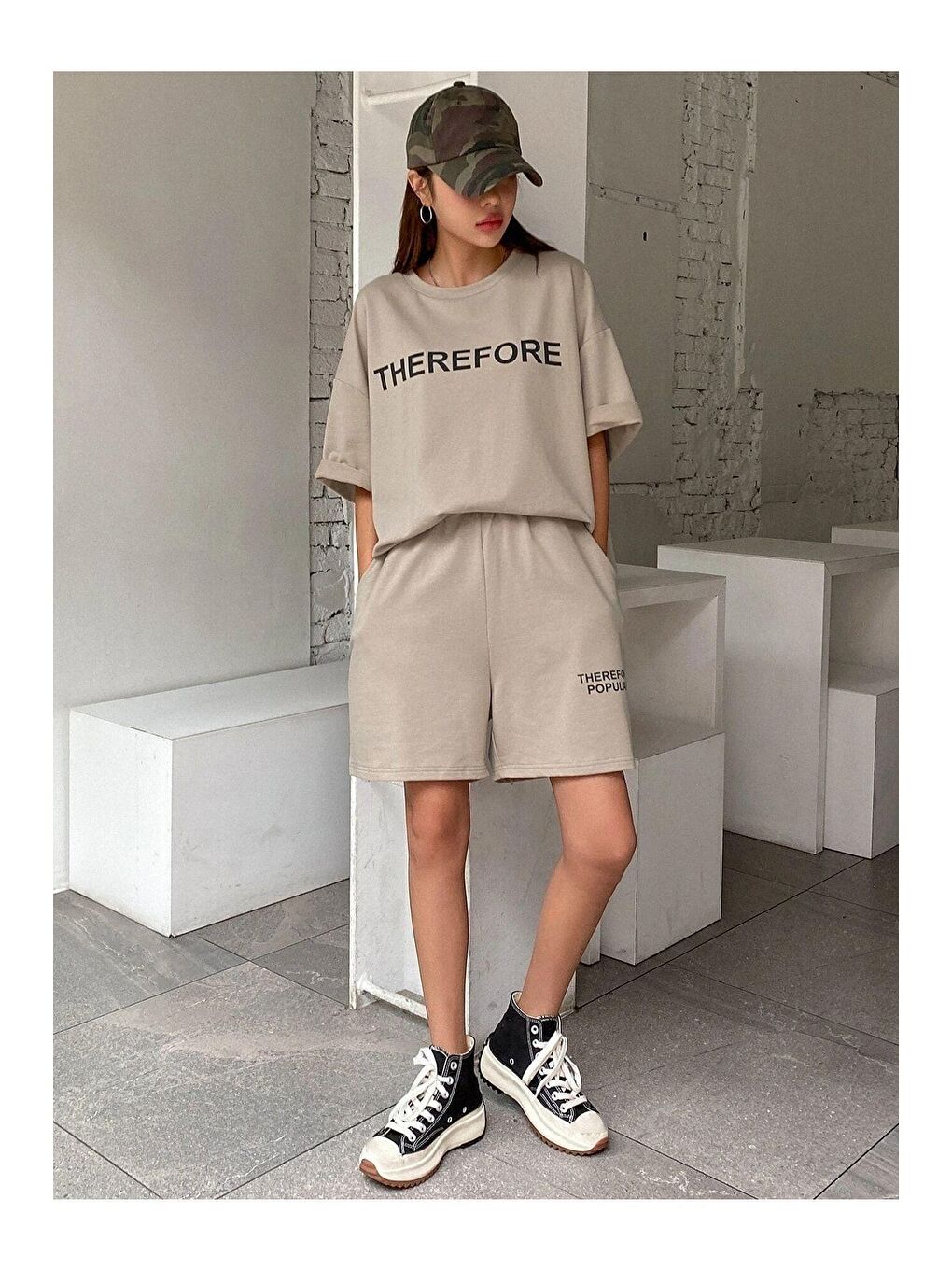 Bej Kadın Vizon Therefore Baskılı Oversize Şortlu Takım-6