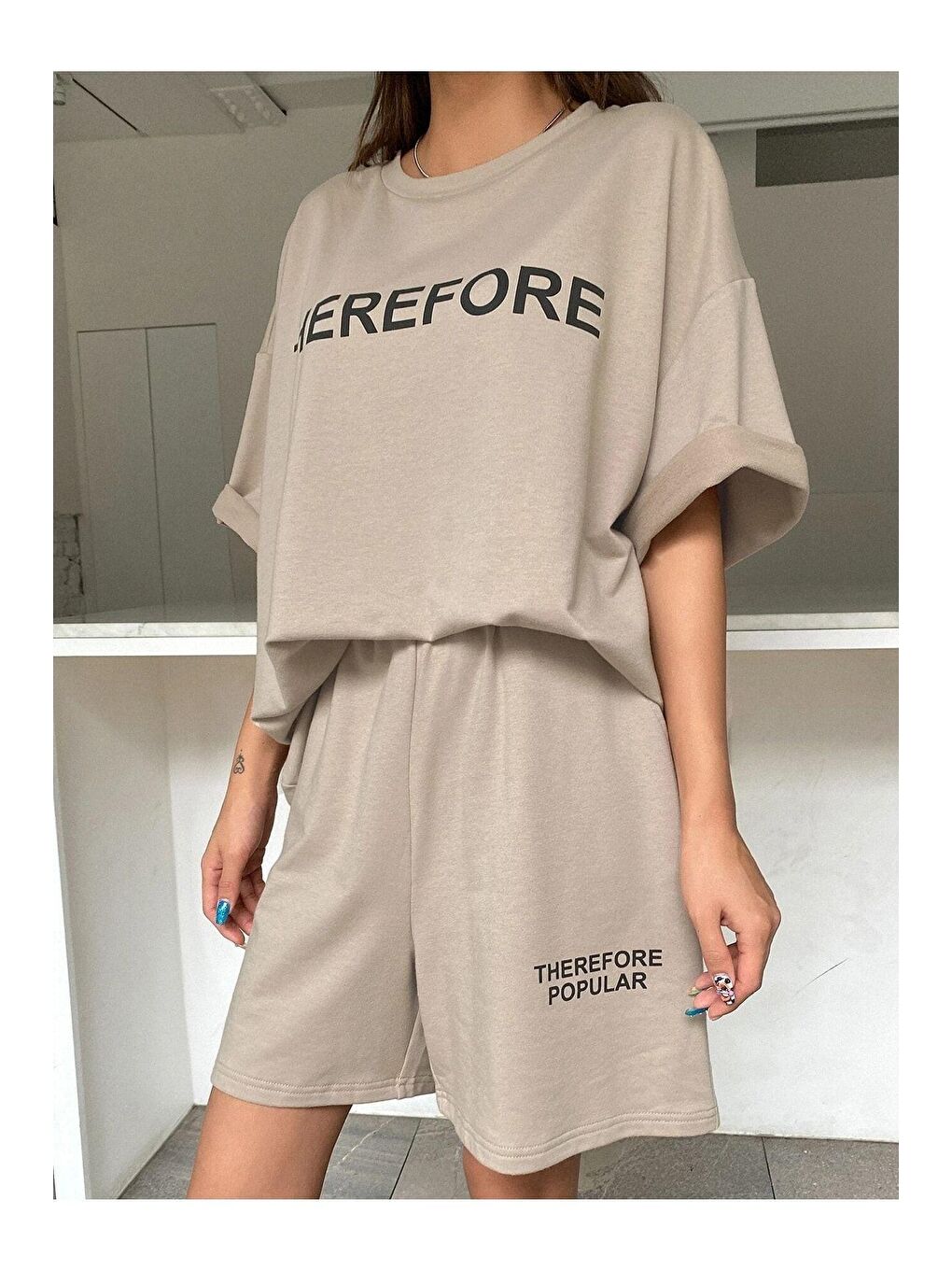 Bej Kadın Vizon Therefore Baskılı Oversize Şortlu Takım-7