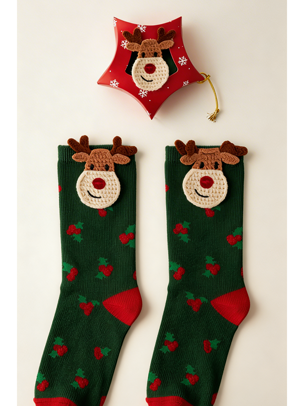 Çocuk Geyik Desenli Kutulu Yılbaşı Soket Çorap Yeşil-1