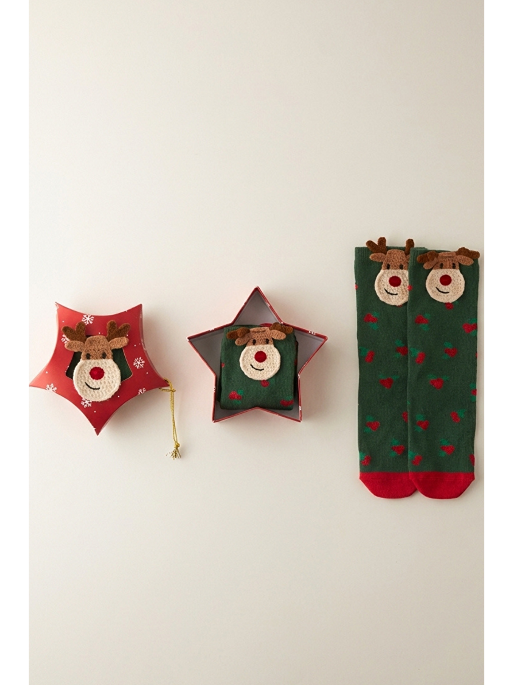 Çocuk Geyik Desenli Kutulu Yılbaşı Soket Çorap Yeşil-2