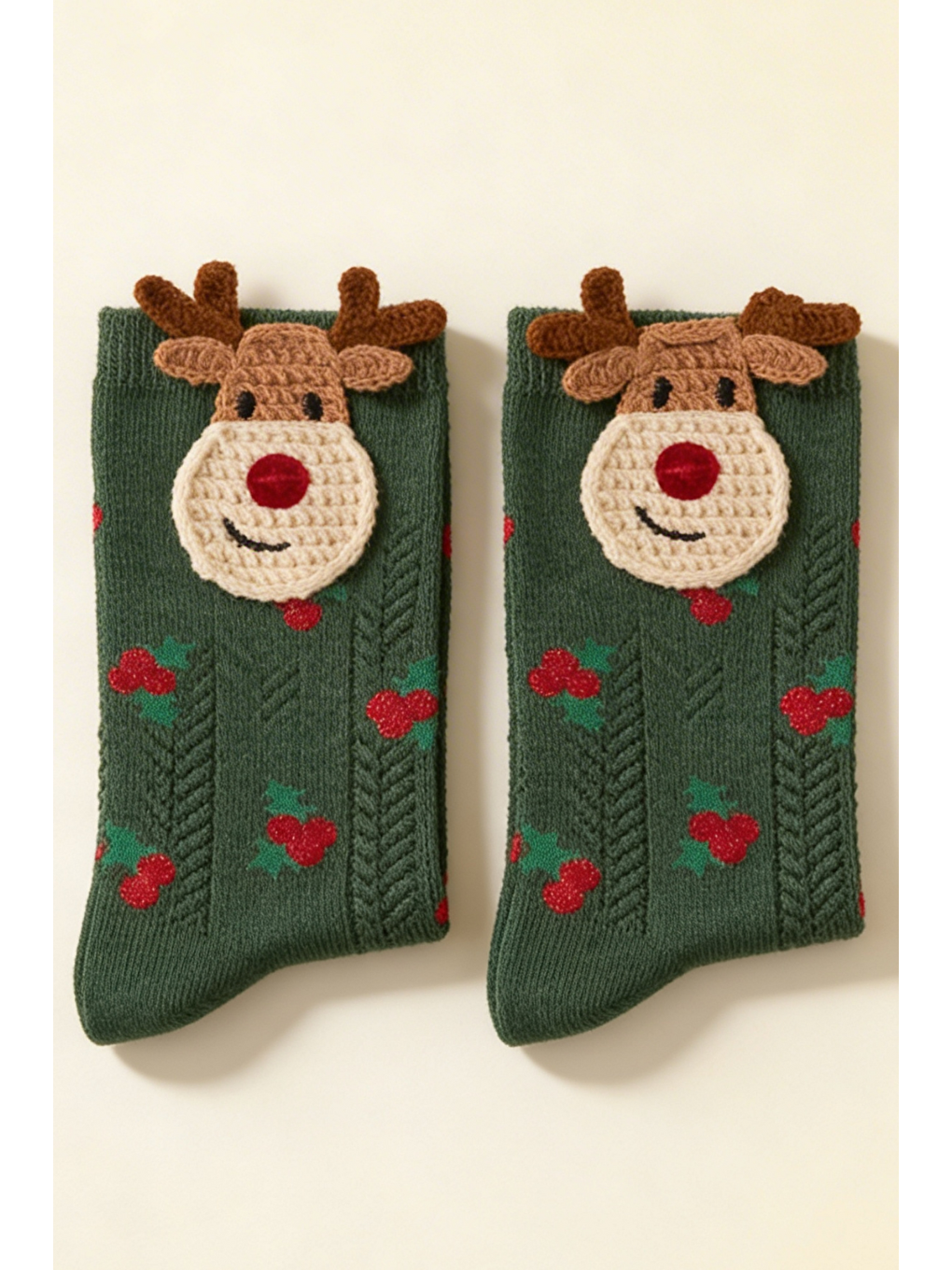 Çocuk Geyik Desenli Kutulu Yılbaşı Soket Çorap Yeşil-3