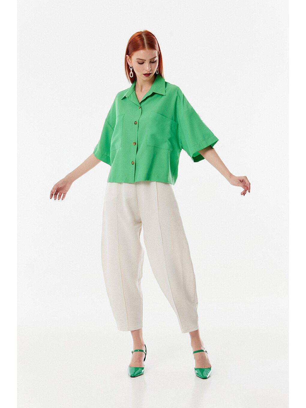 Yeşil Çift Cepli Salaş Gömlek-1