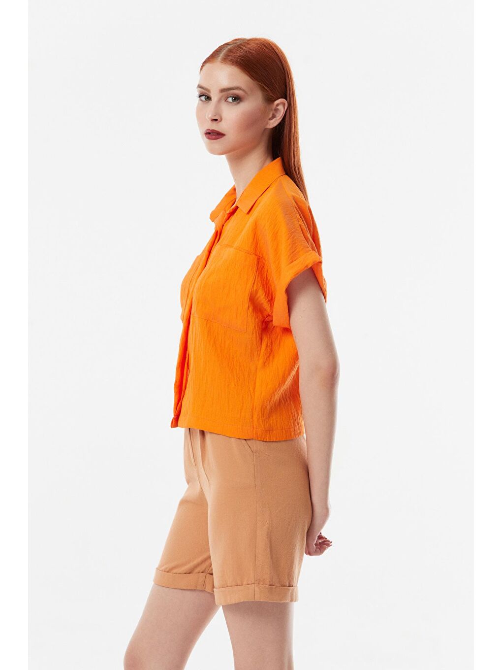 Turuncu Çift Cepli Kısa Kollu Gömlek-2