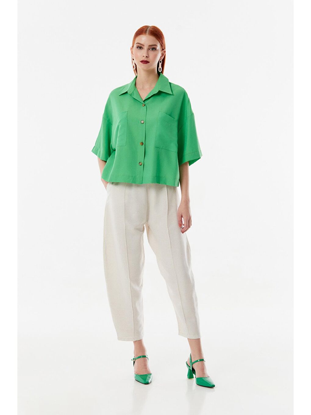 Yeşil Çift Cepli Salaş Gömlek-2