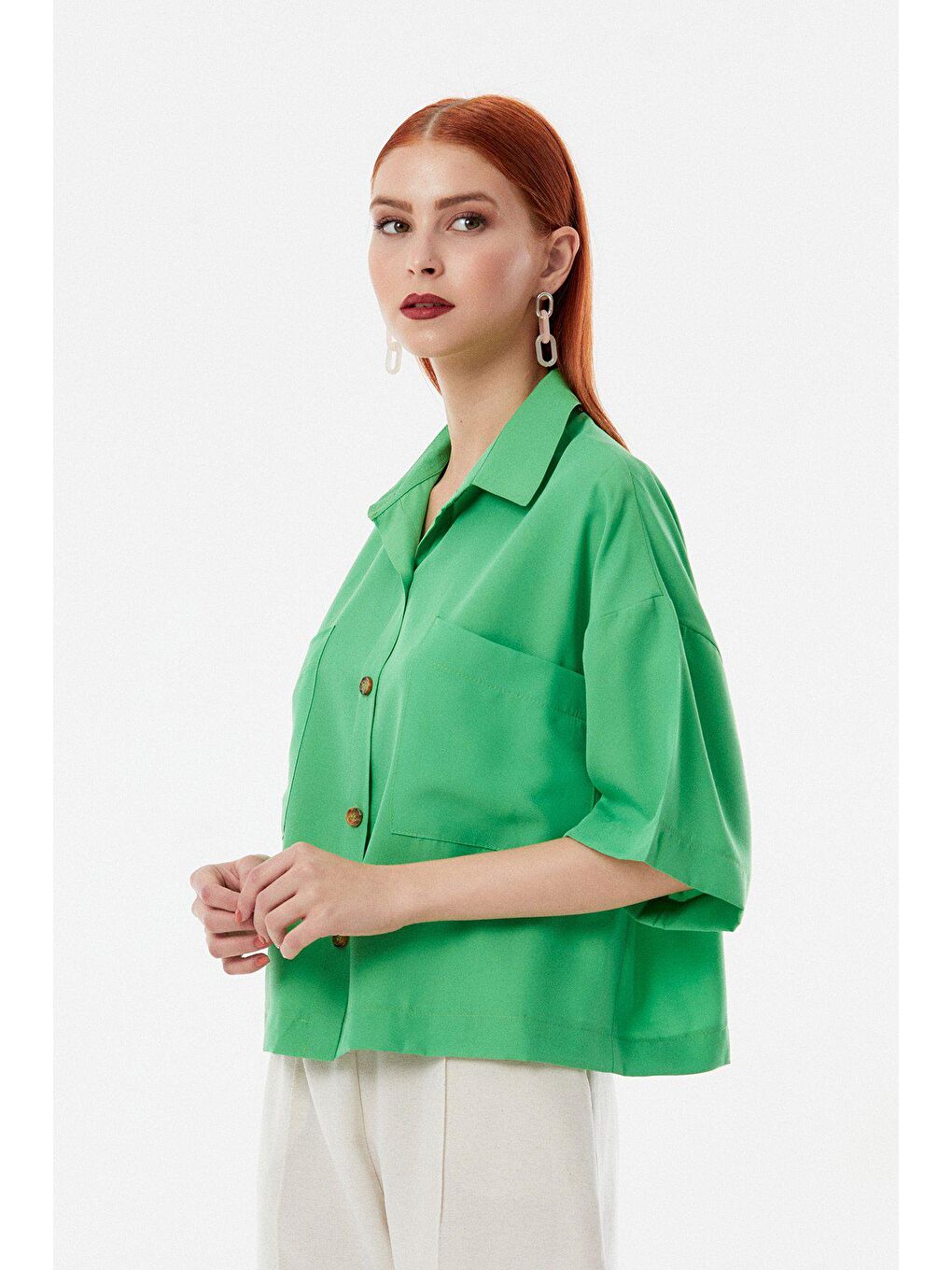 Yeşil Çift Cepli Salaş Gömlek-3
