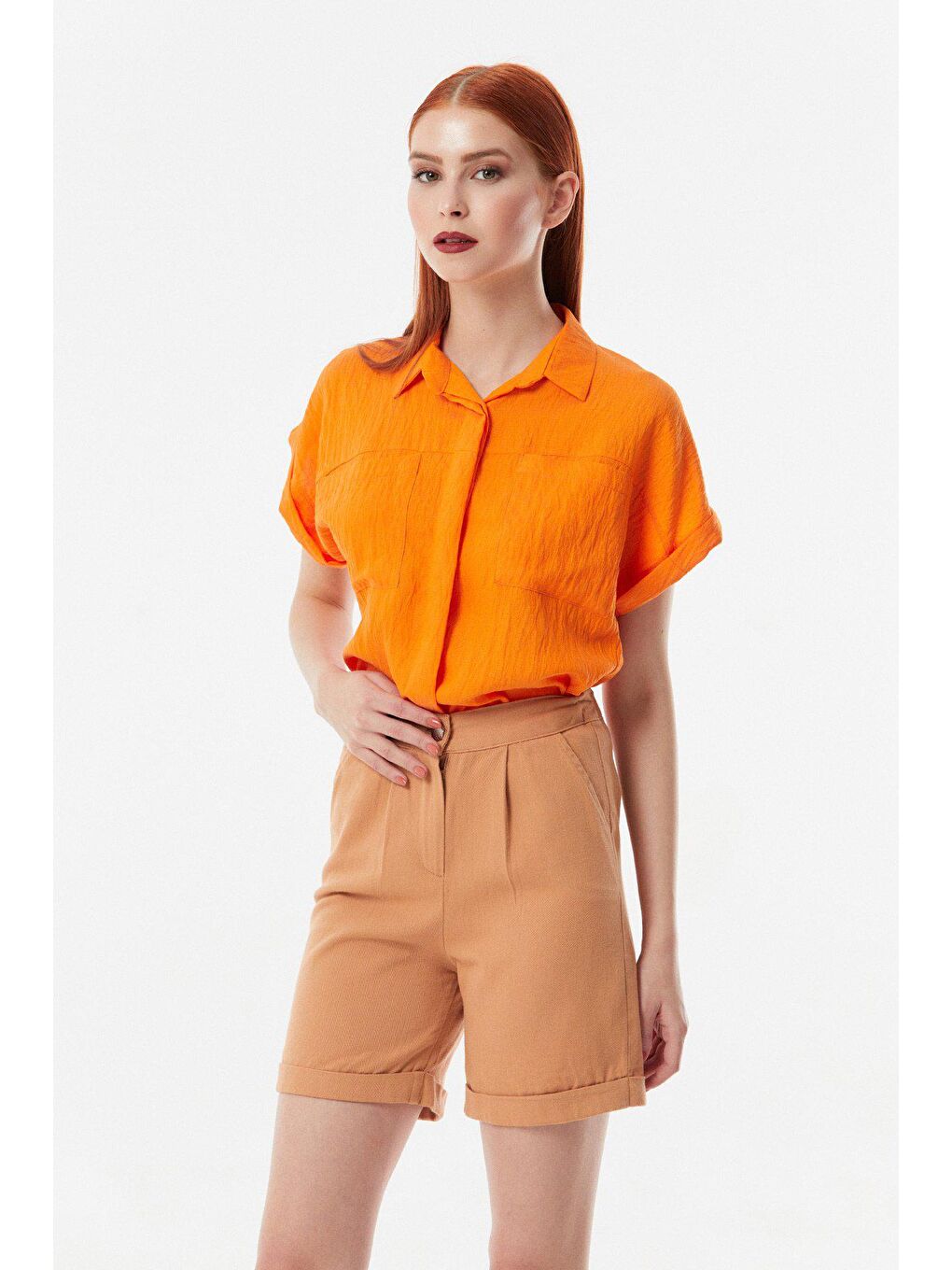 Turuncu Çift Cepli Kısa Kollu Gömlek-3