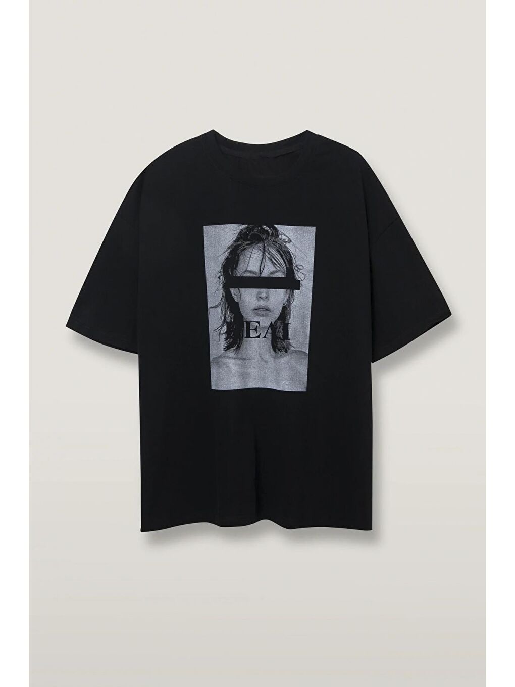 Siyah Oversize Baskılı Kadın Tişört Mg1764