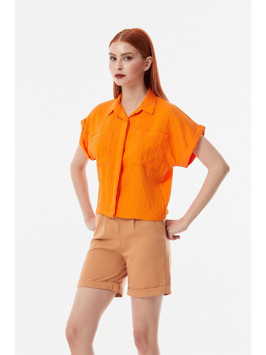 Turuncu Çift Cepli Kısa Kollu Gömlek-4