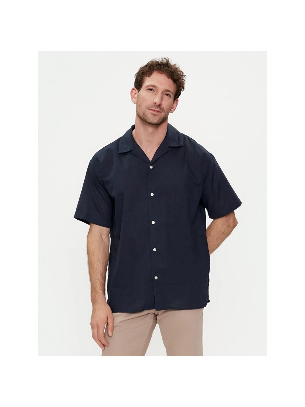 Linen Blend Resort Erkek Lacivert Klasik Yaka Gömlek