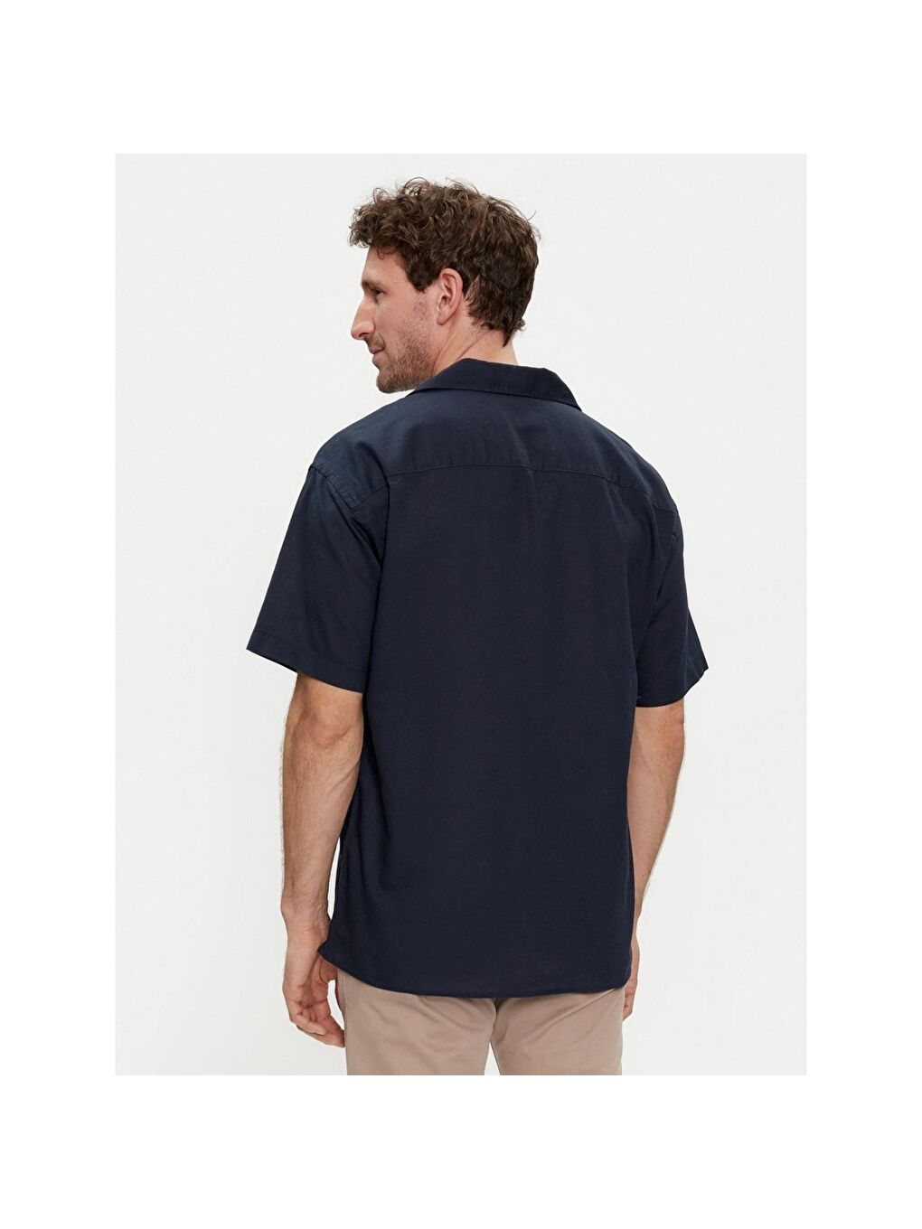 Linen Blend Resort Erkek Lacivert Klasik Yaka Gömlek-2