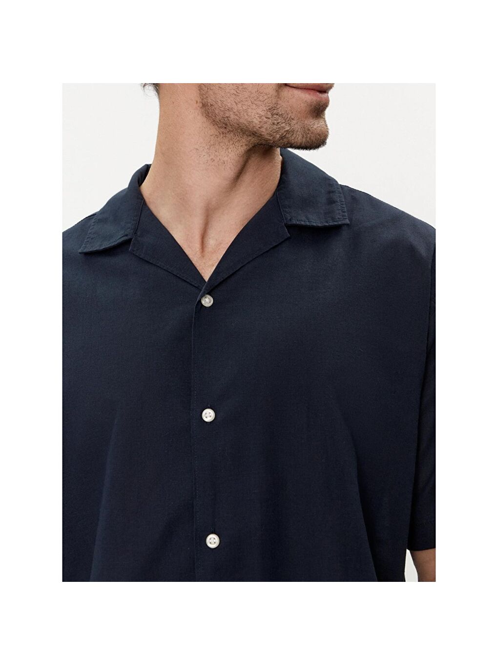 Linen Blend Resort Erkek Lacivert Klasik Yaka Gömlek-3