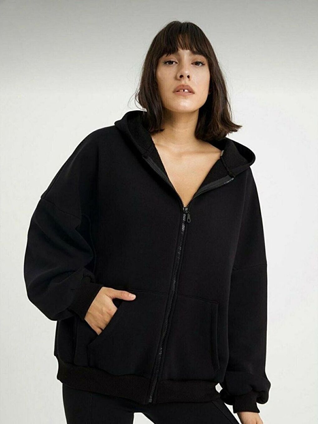 Kadın  Siyah Oversize Fermuarlı Sweatshirt
