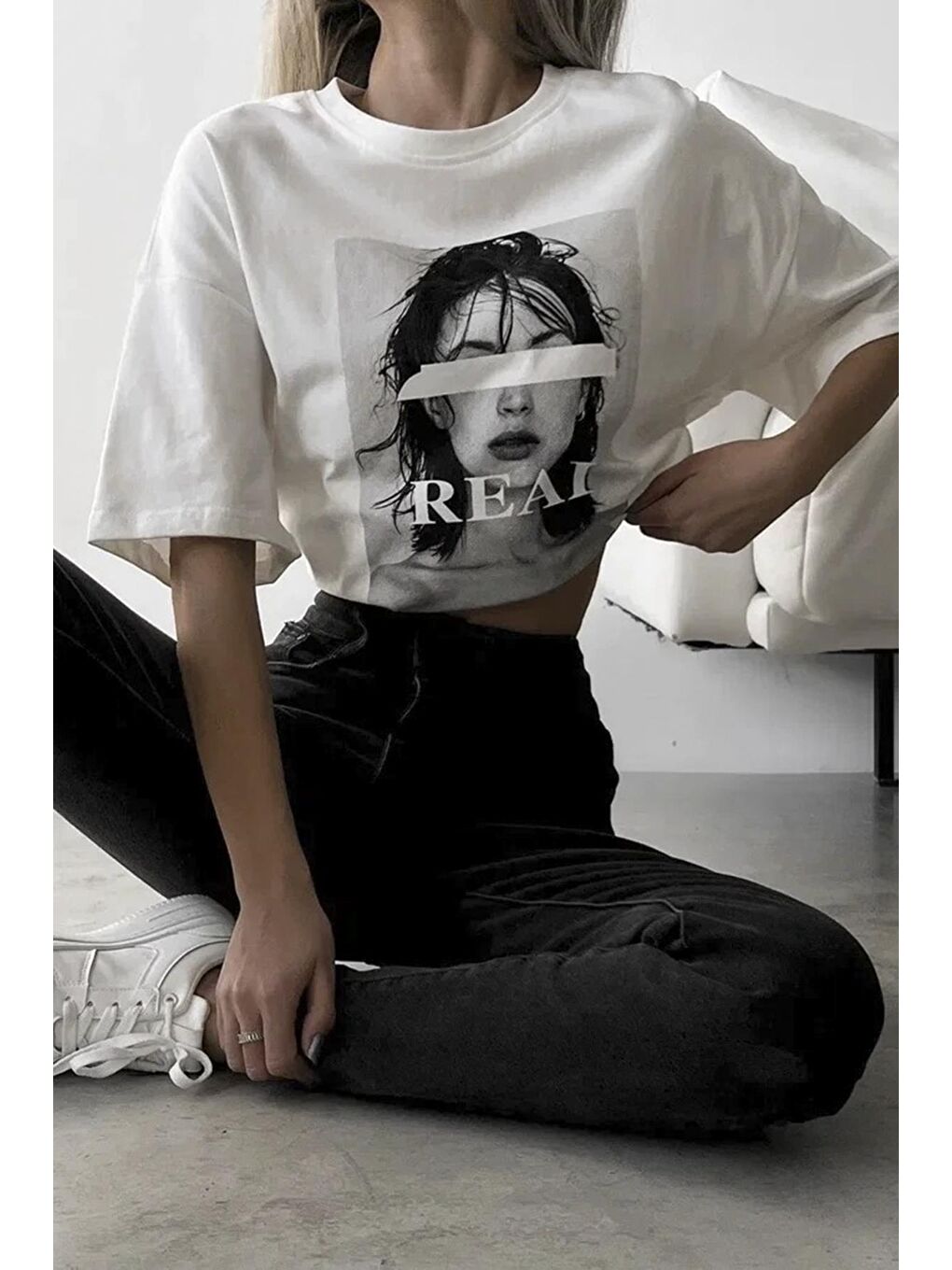 Ekru Oversize Baskılı Kadın Tişört Mg1764-1