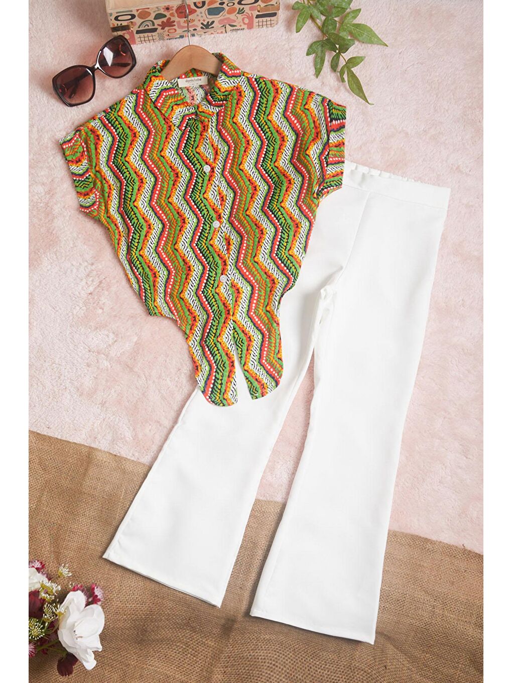 Ekru Desenli Gömlekli İspanyol Paça Pantolon Kız Takım 15601