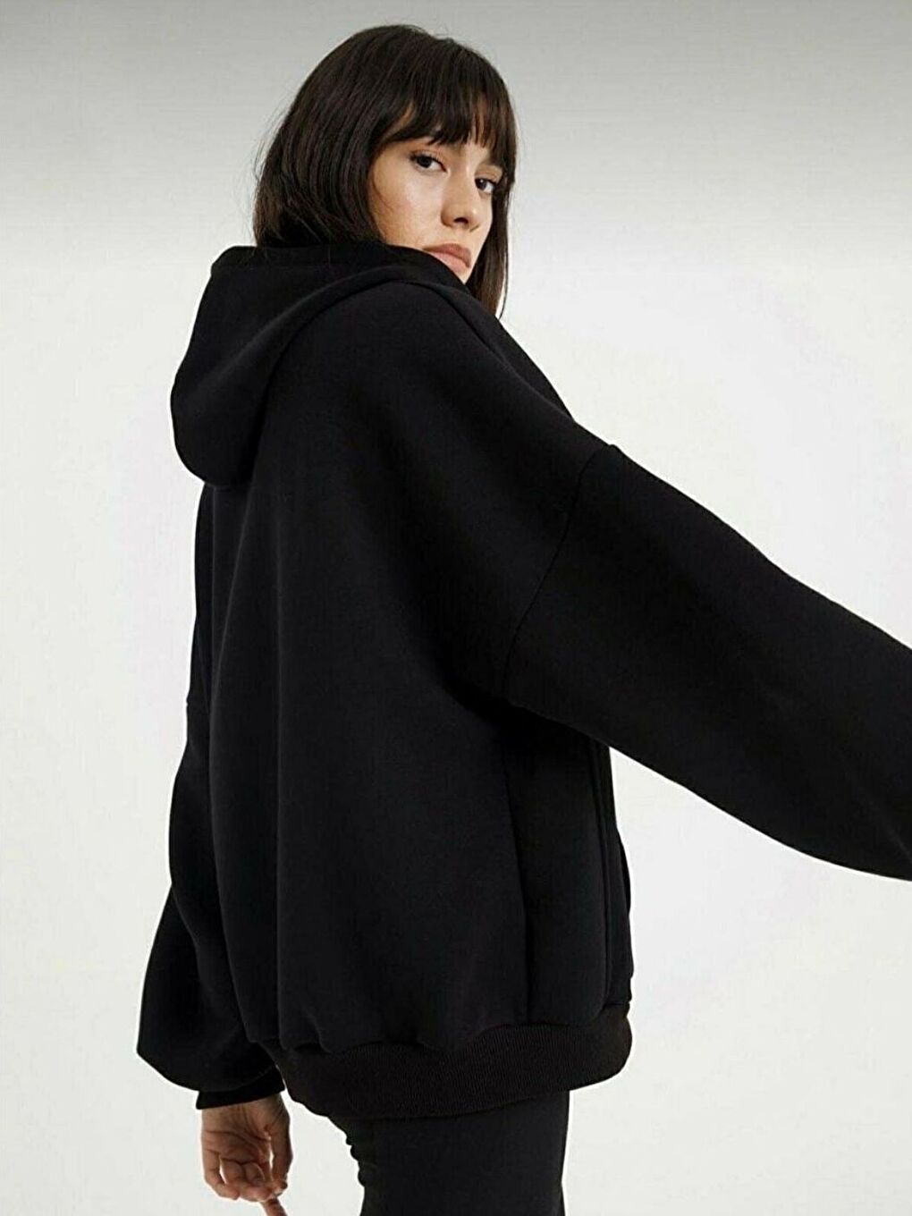 Kadın  Siyah Oversize Fermuarlı Sweatshirt-2