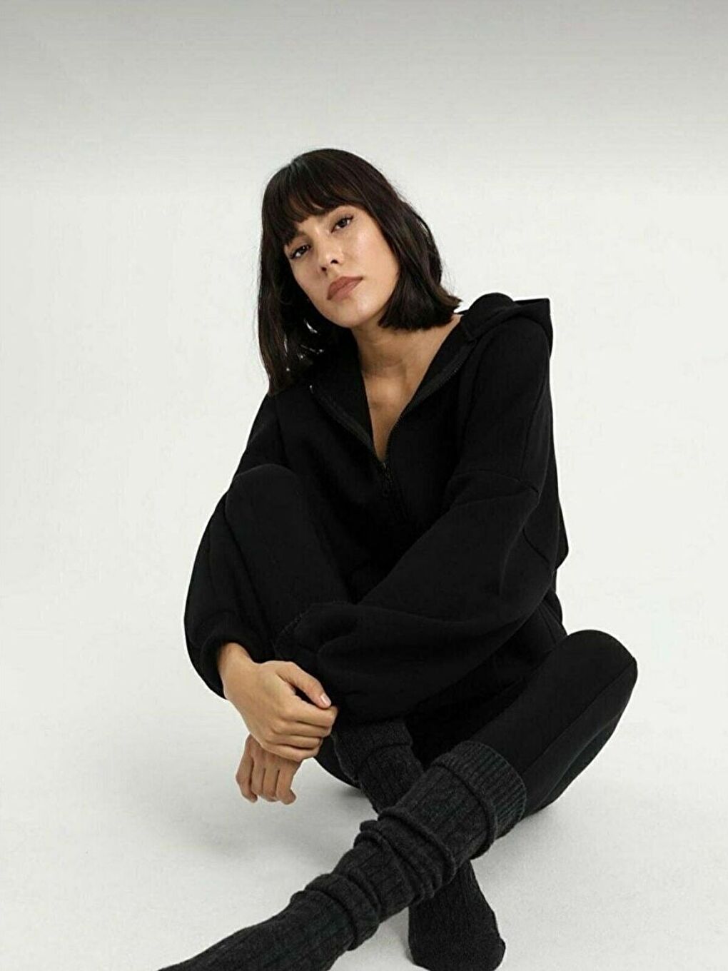 Kadın  Siyah Oversize Fermuarlı Sweatshirt-3