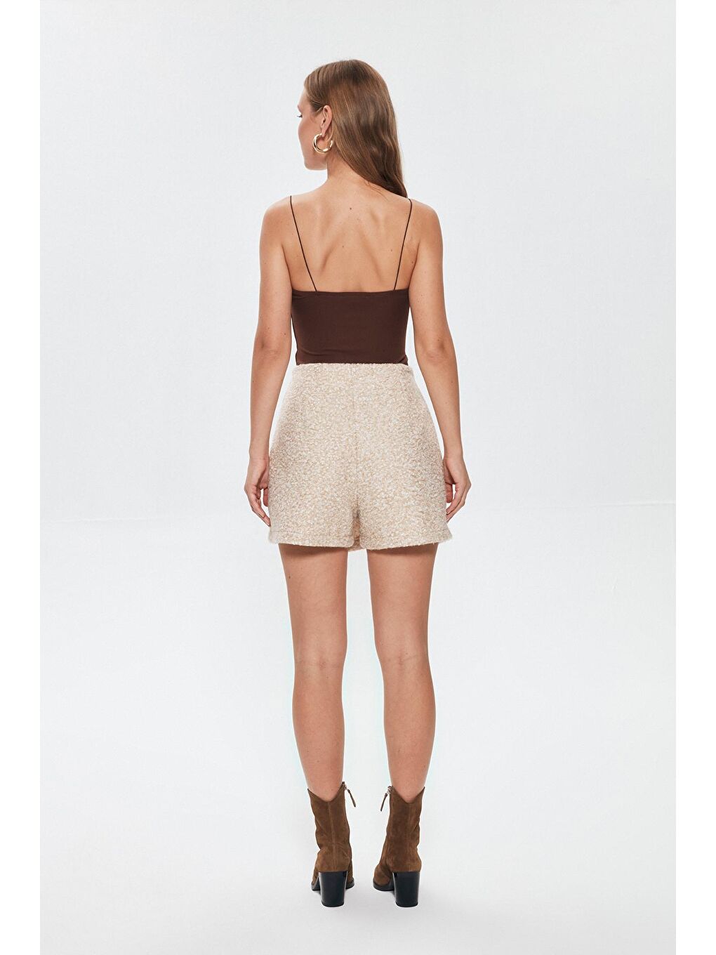 Bej Kırçıllı Mini Şort Etek Taş-4