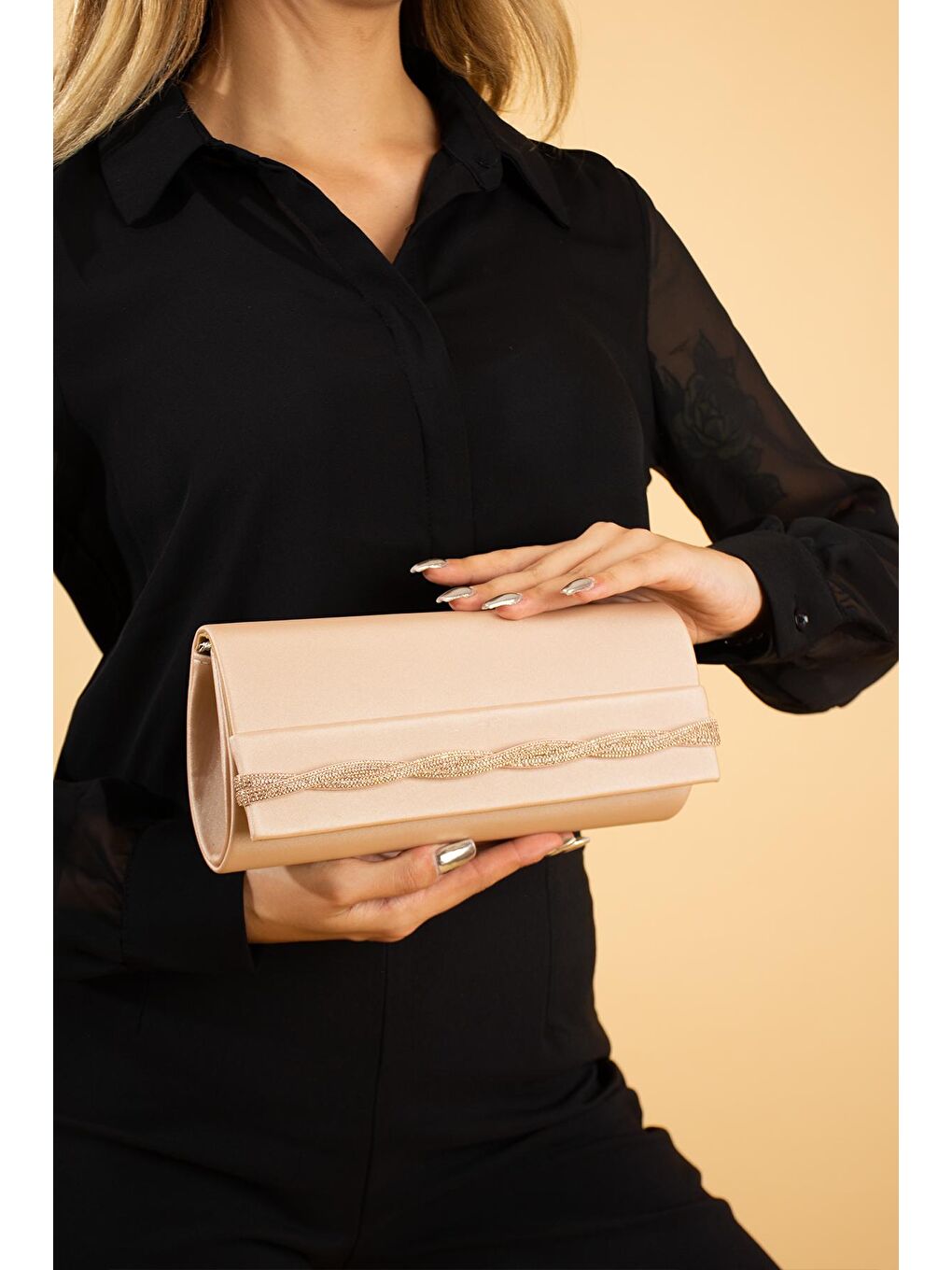 Bej Zincir Askılı Taş Detaylı Portföy Kadın Çanta BAG252-23Saten