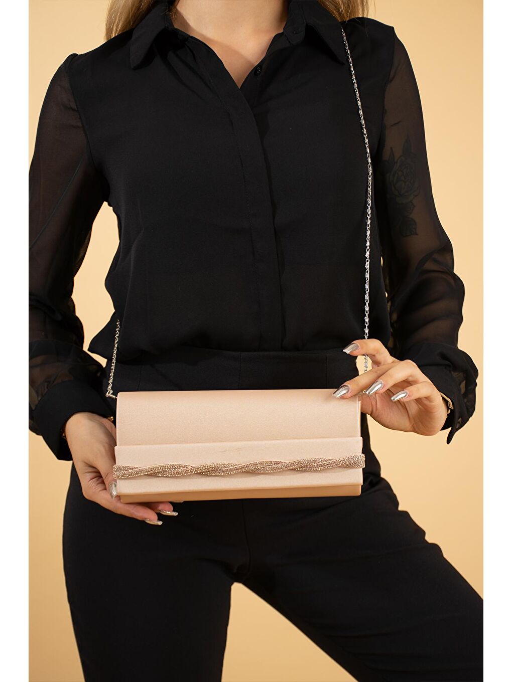 Bej Zincir Askılı Taş Detaylı Portföy Kadın Çanta BAG252-23Saten-1