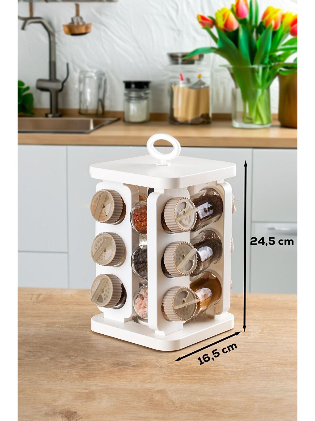 Porsima Kahverengi 1082 Kare Dönerli Standlı Döner Kapaklı 12'li Cam Baharatlık Seti-beyaz Cappuccino - 3