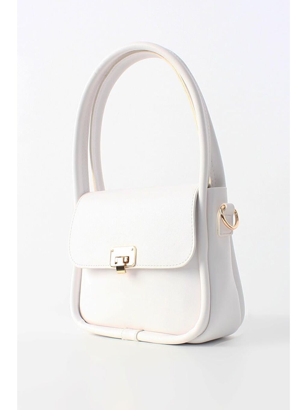 Beyaz-Metal Kilitli Çapraz Askılı Suni Deri Omuz Çantası