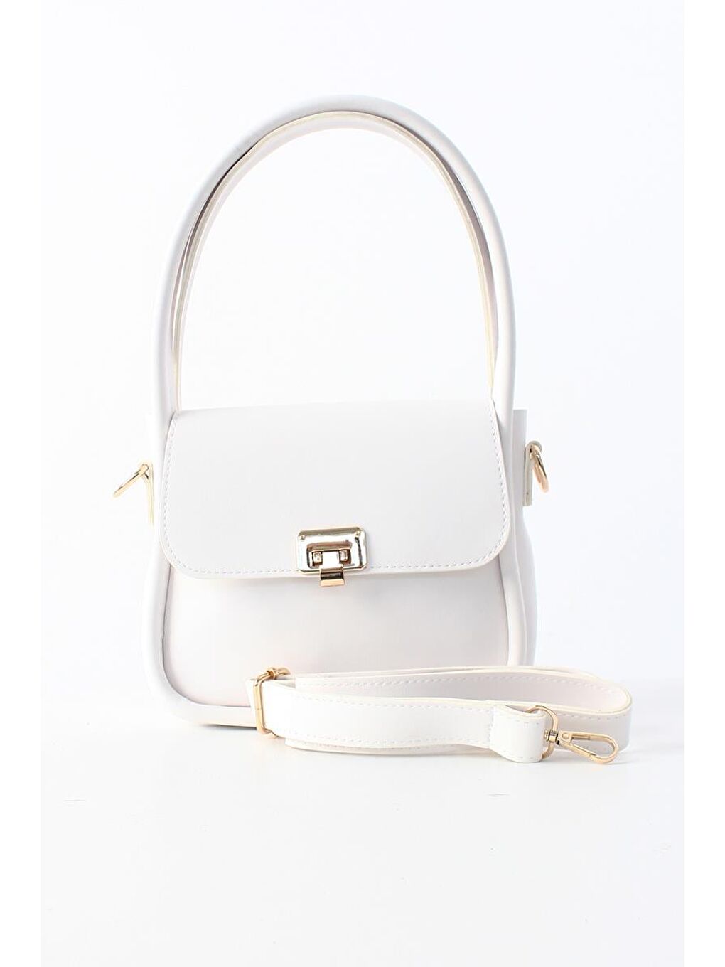 Beyaz-Metal Kilitli Çapraz Askılı Suni Deri Omuz Çantası-3