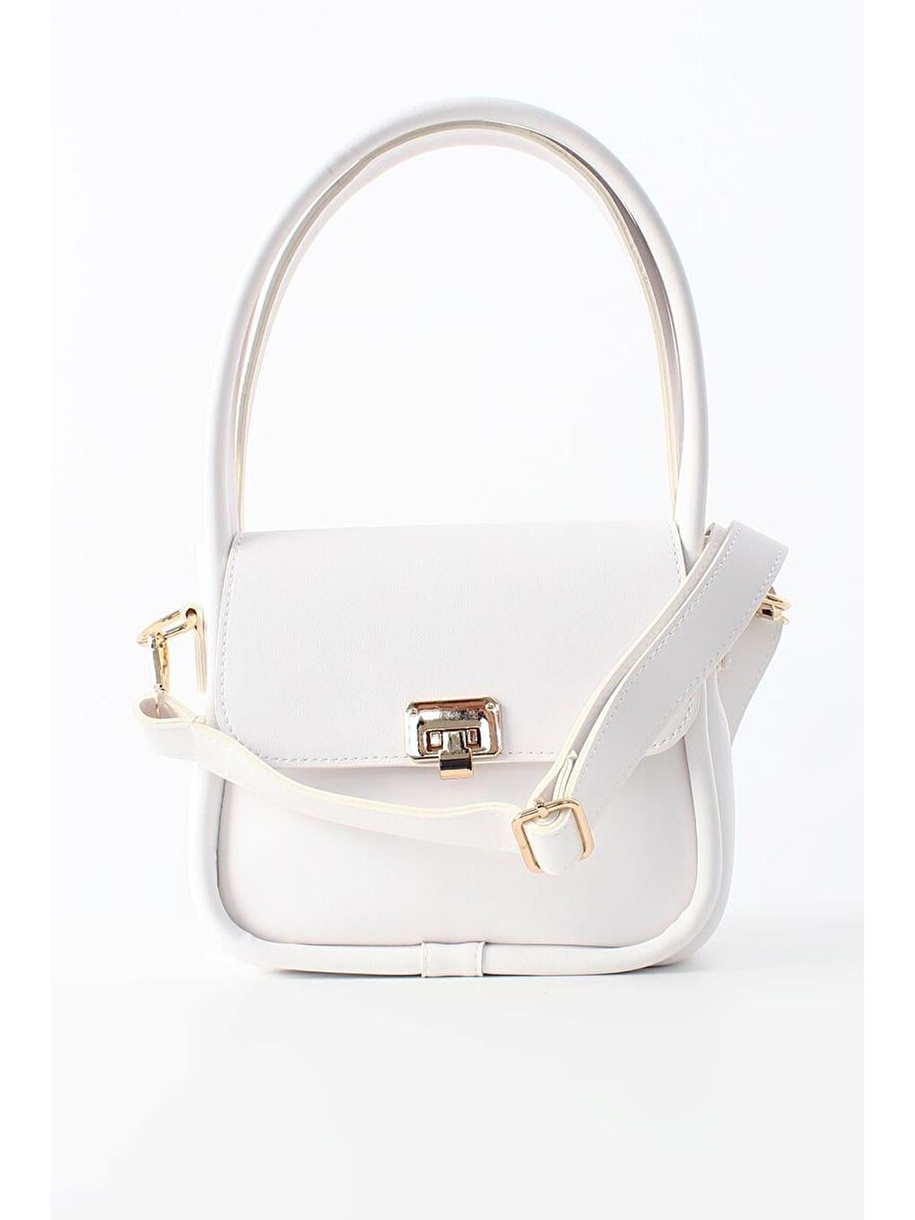 Beyaz-Metal Kilitli Çapraz Askılı Suni Deri Omuz Çantası-4