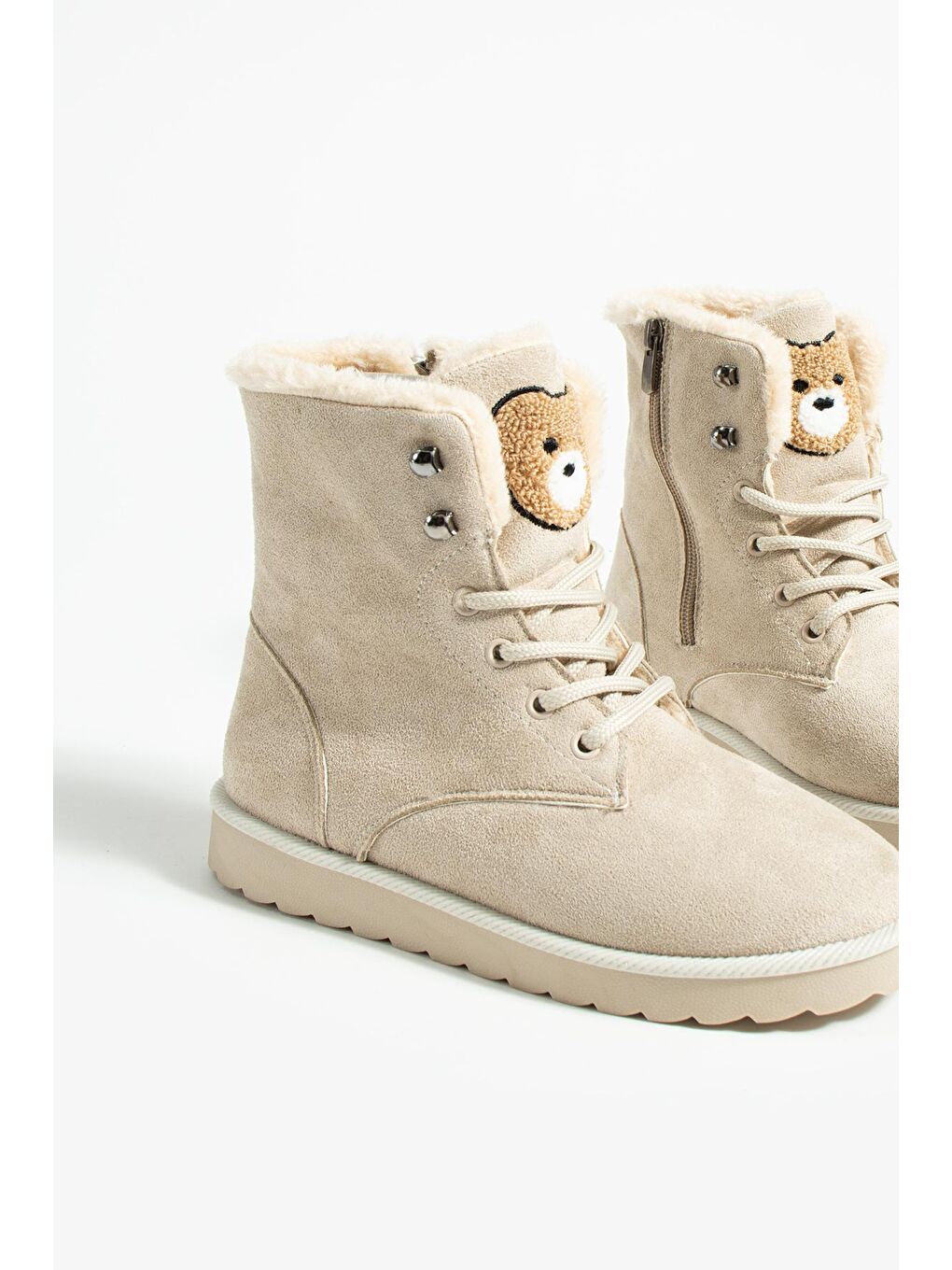Ekru Kaymaz Taban İçi Kürklü Sevimli Ayıcık Baskılı Kadın Bot 58-702-23Süet-3