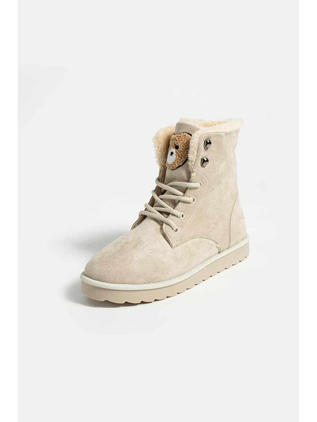 Ekru Kaymaz Taban İçi Kürklü Sevimli Ayıcık Baskılı Kadın Bot 58-702-23Süet-4