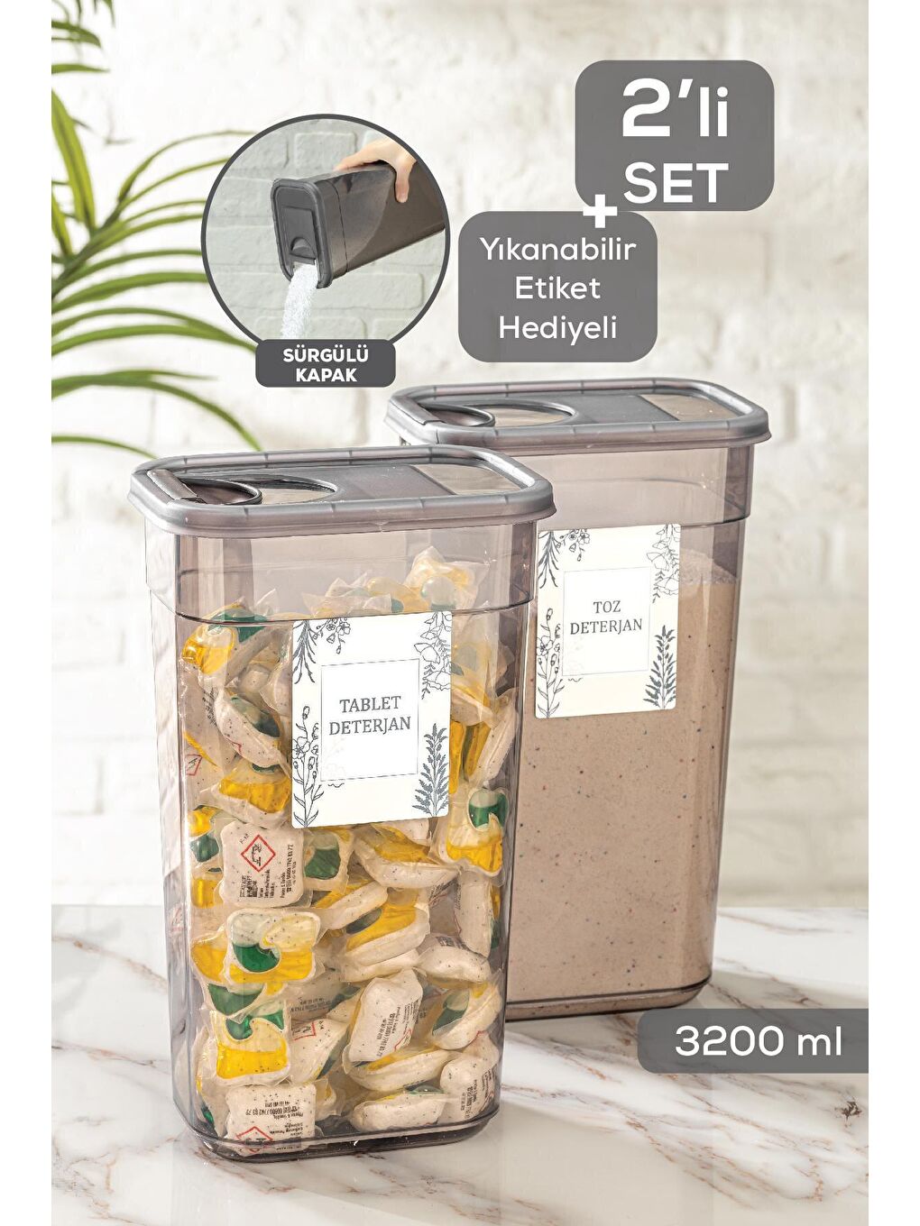 Antrasit 2'li Sürgülü Kapaklı Tablet Deterjan Saklama Kutusu - Etiketli Dikdörtgen Saklama Kabı 2x3,2 Lt
