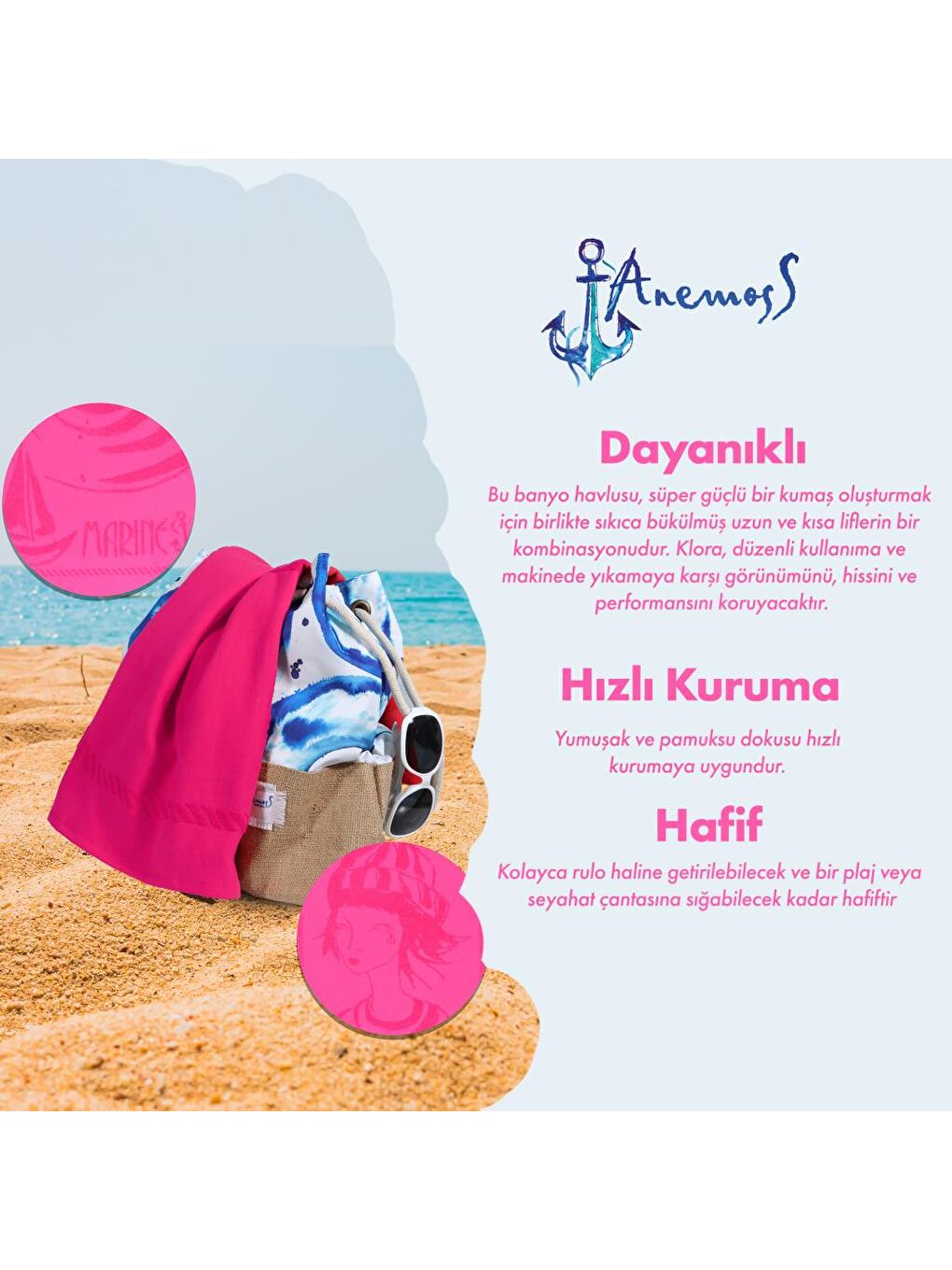 Anemoss Denizci Kız Plaj Havlusu Pembe 140x70 cm - 1