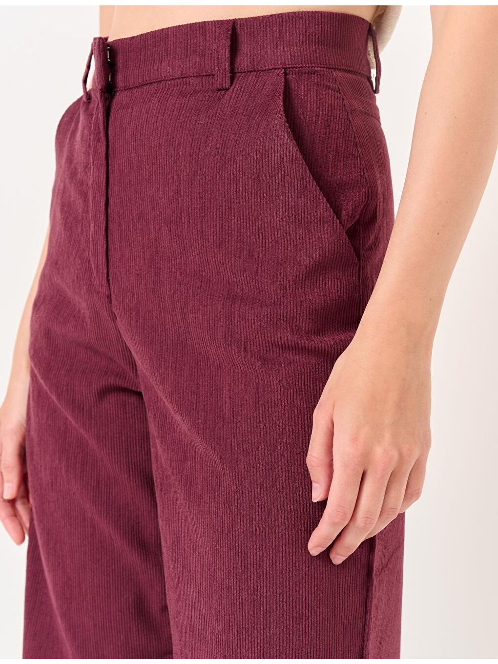 Bordo Bol Paça Yüksek Bel Kadife Pantolon-1