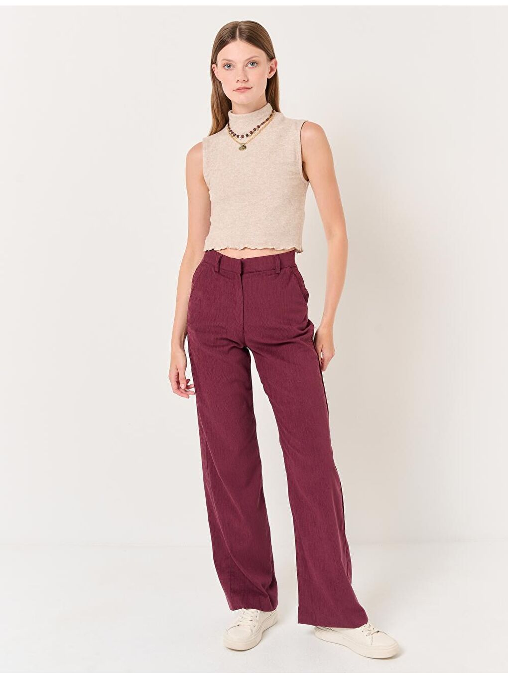 Bordo Bol Paça Yüksek Bel Kadife Pantolon-2