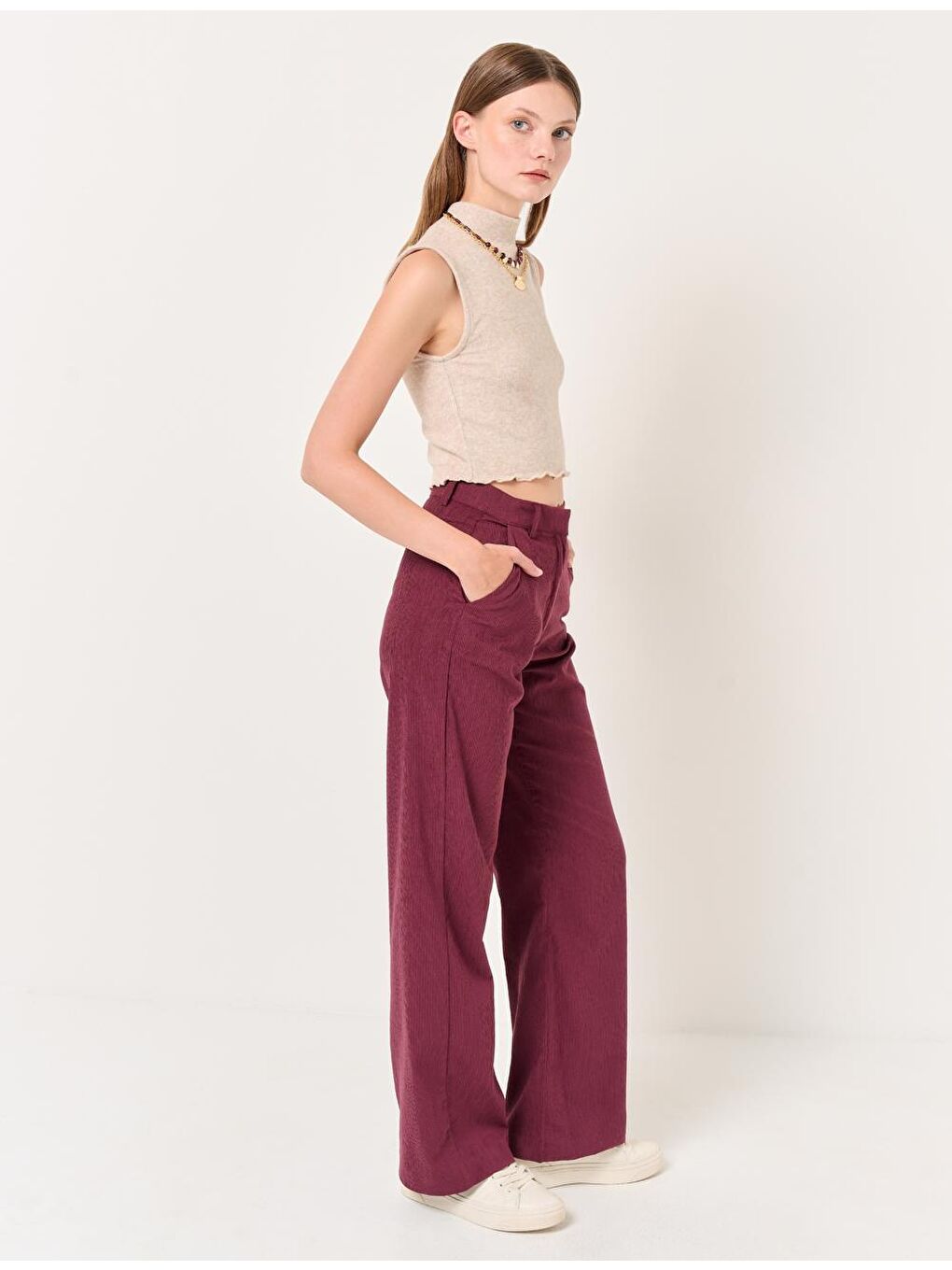 Bordo Bol Paça Yüksek Bel Kadife Pantolon-3