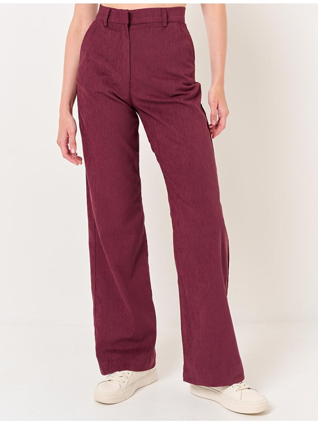 Bordo Bol Paça Yüksek Bel Kadife Pantolon-4