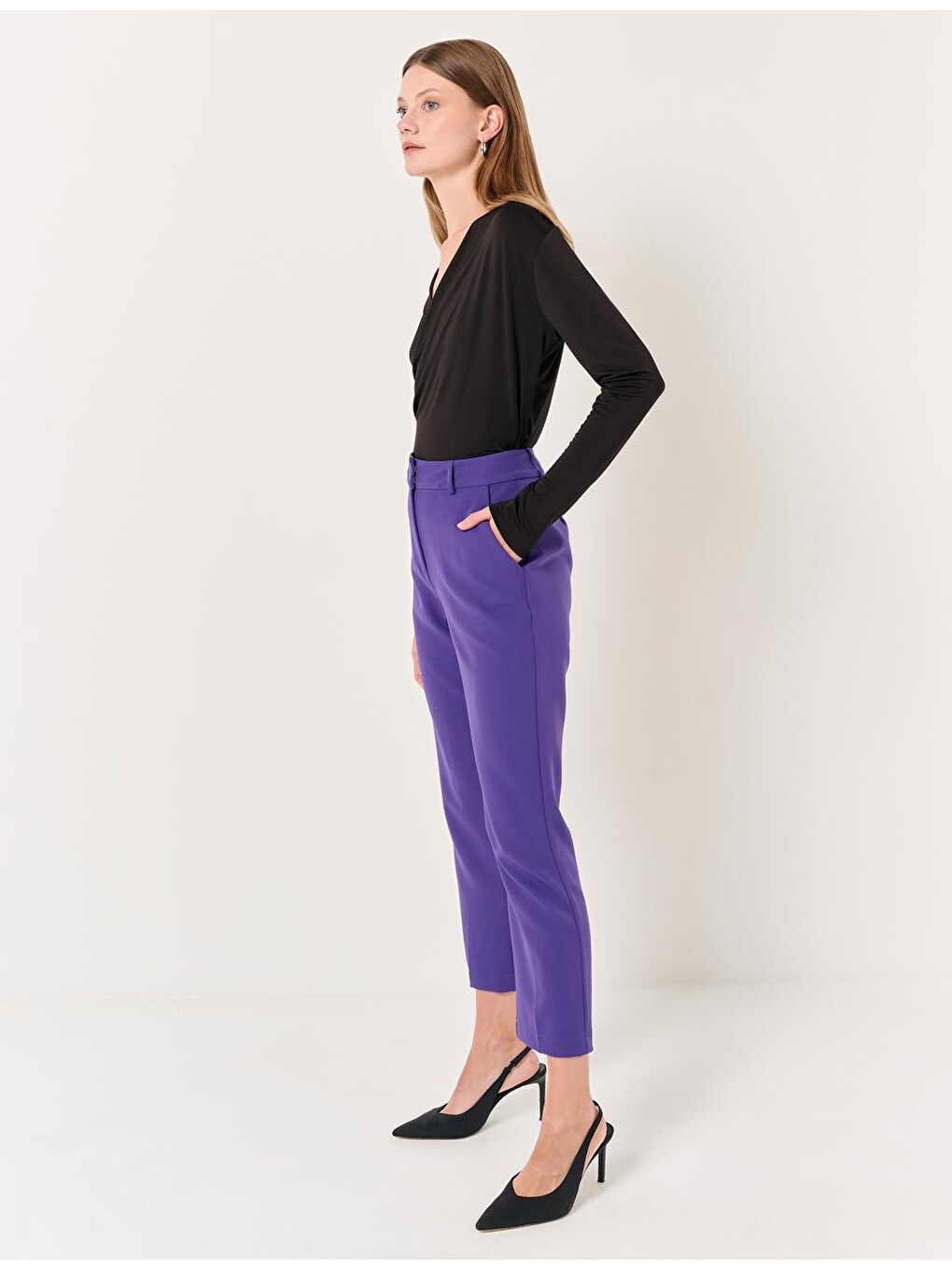 Mor Yüksek Bel Kumaş Pantolon-2