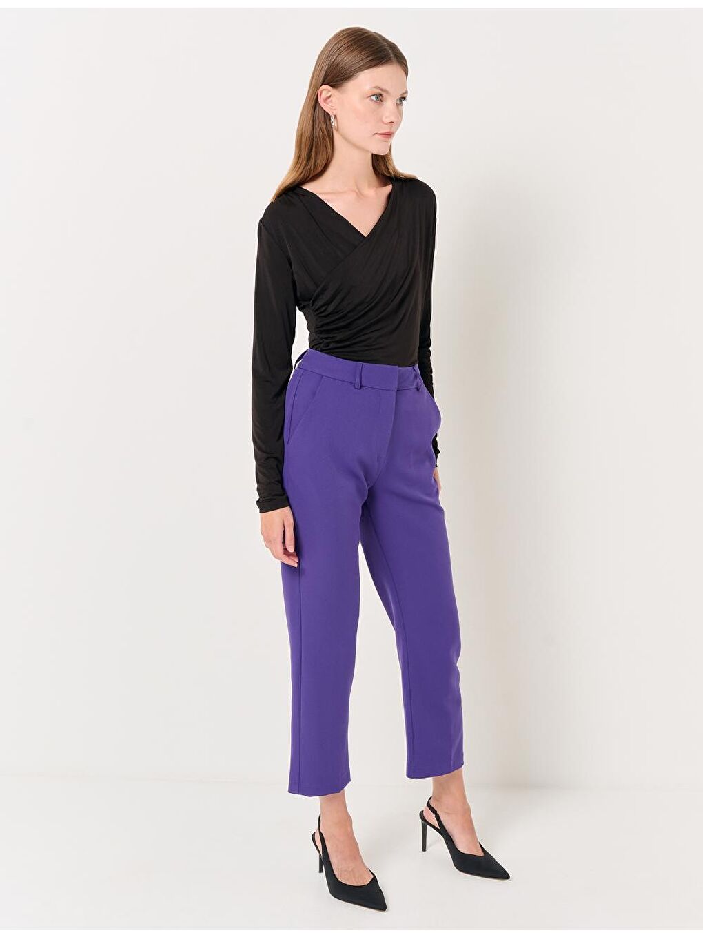 Mor Yüksek Bel Kumaş Pantolon-3