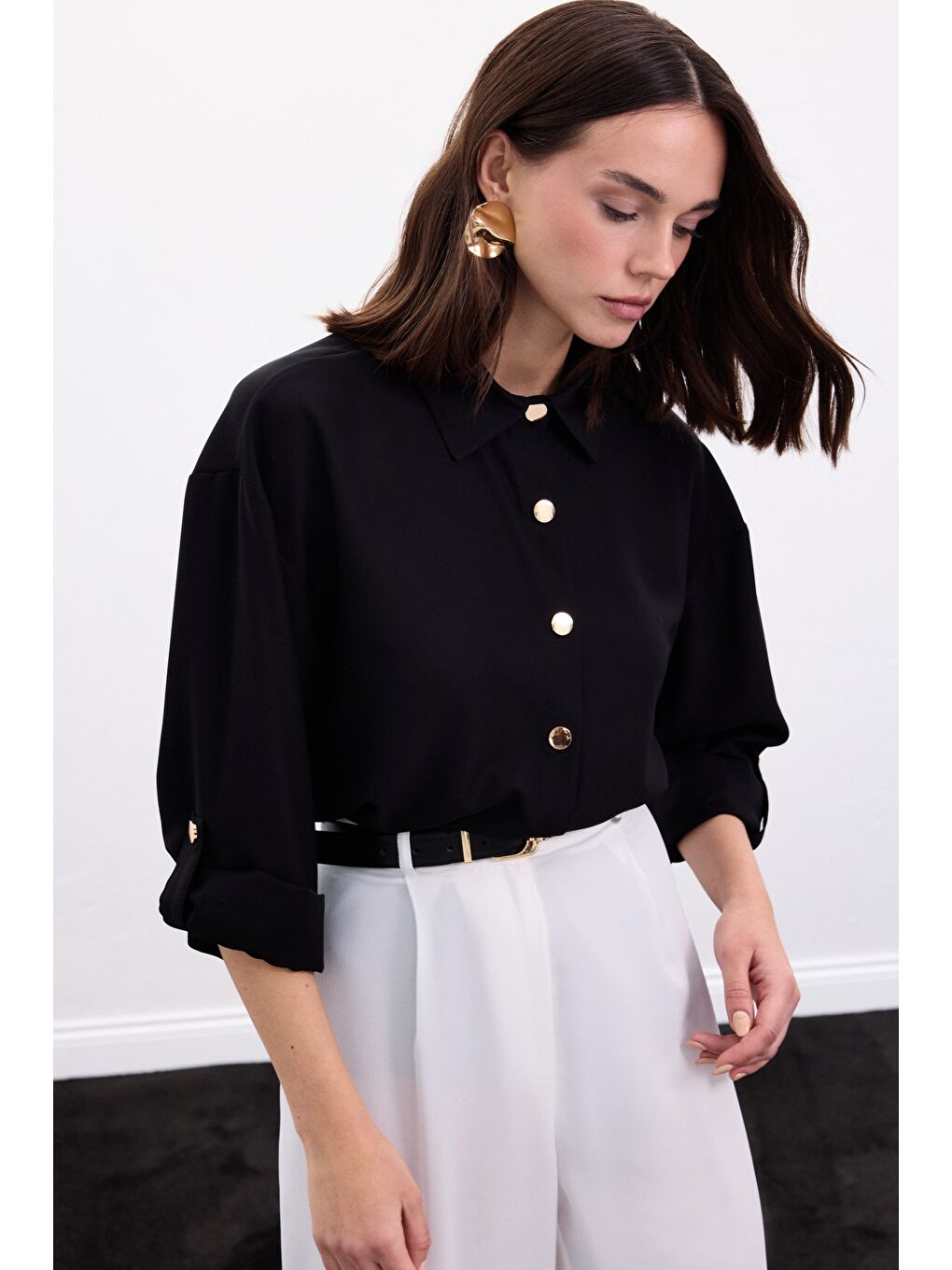 Çıtçıt Detaylı Gömlek - Siyah-3