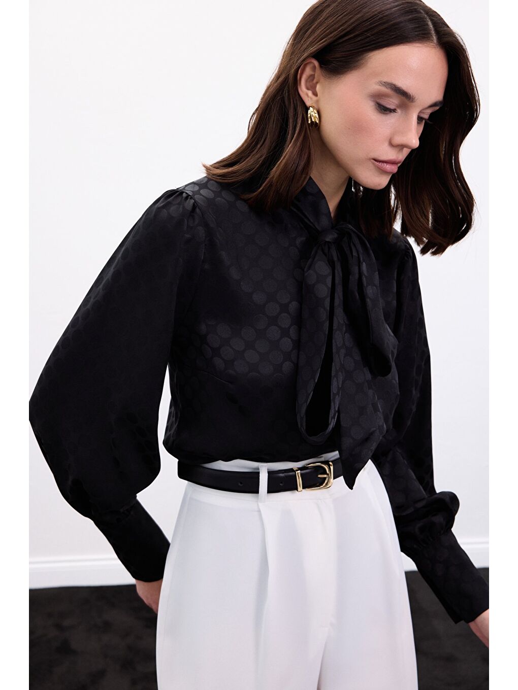 Puantiye Desenli Gömlek - Siyah-5