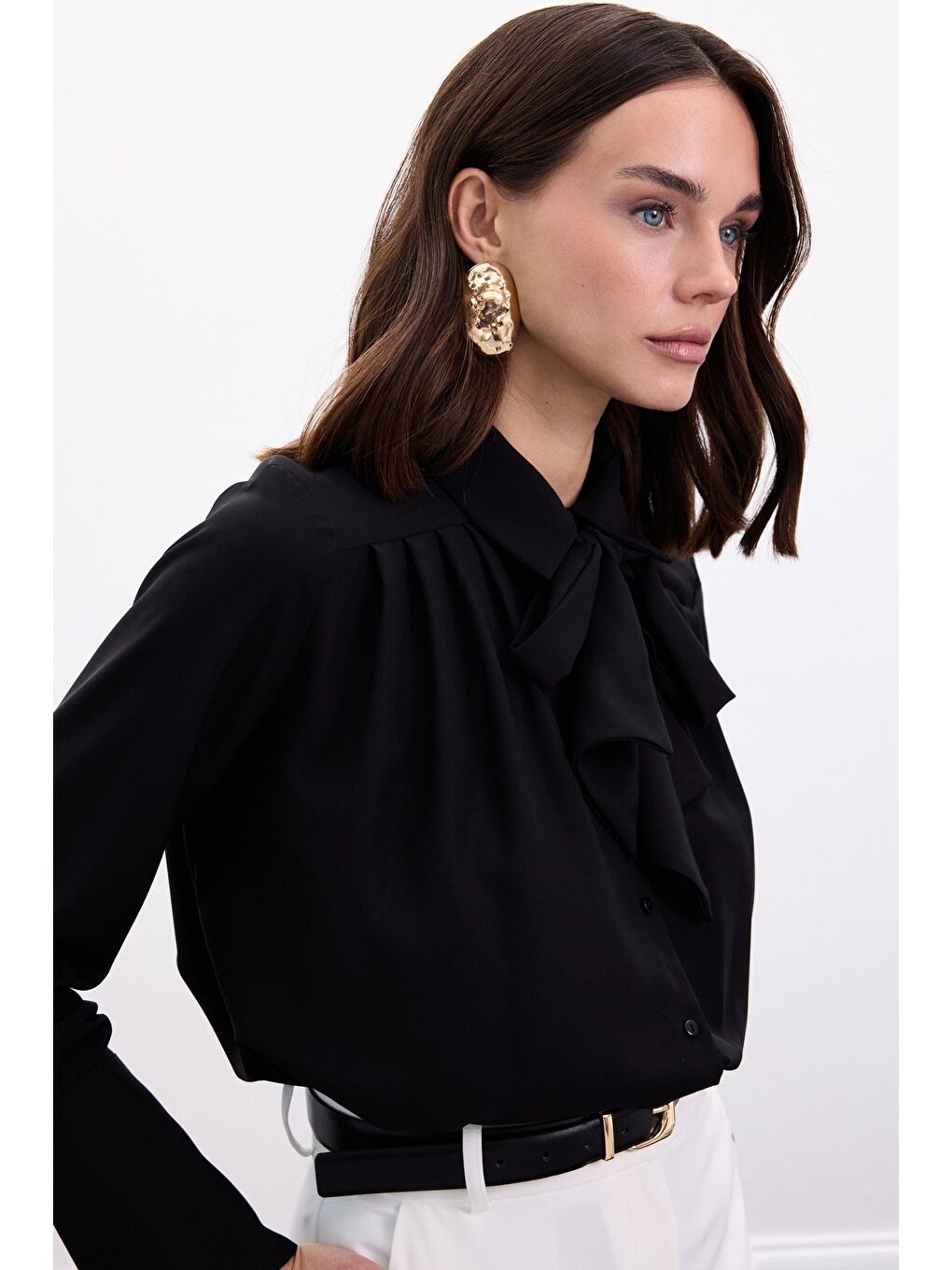 Fularlı Gömlek - Siyah-5