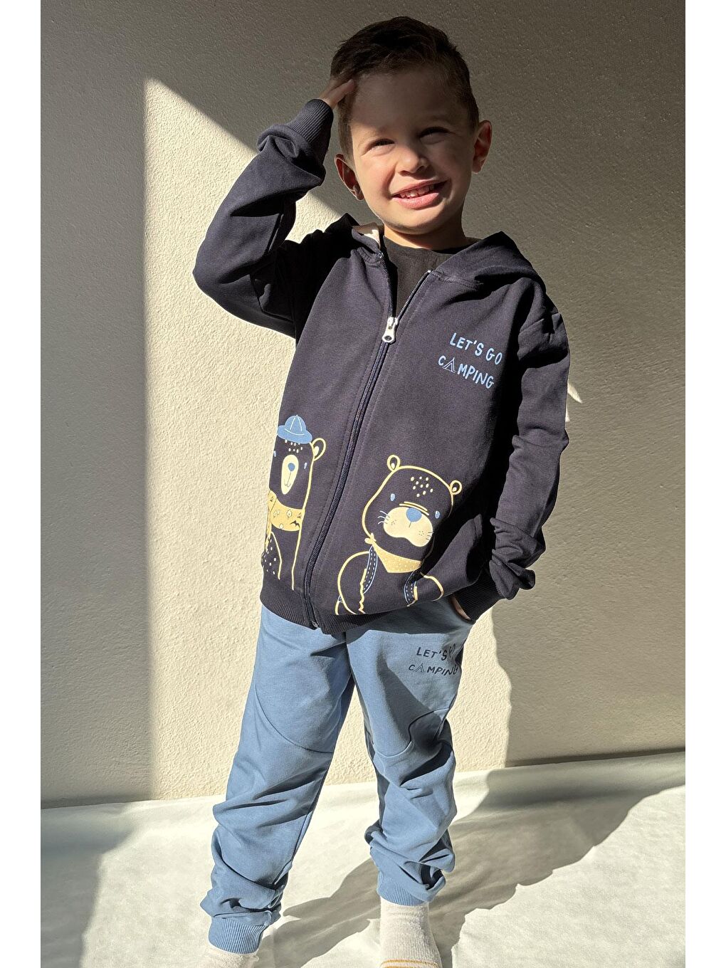 Erkek Bebek Eşofman Takım Kampçı Hayvancıklar Baskılı Lacivert (2 Yaş)