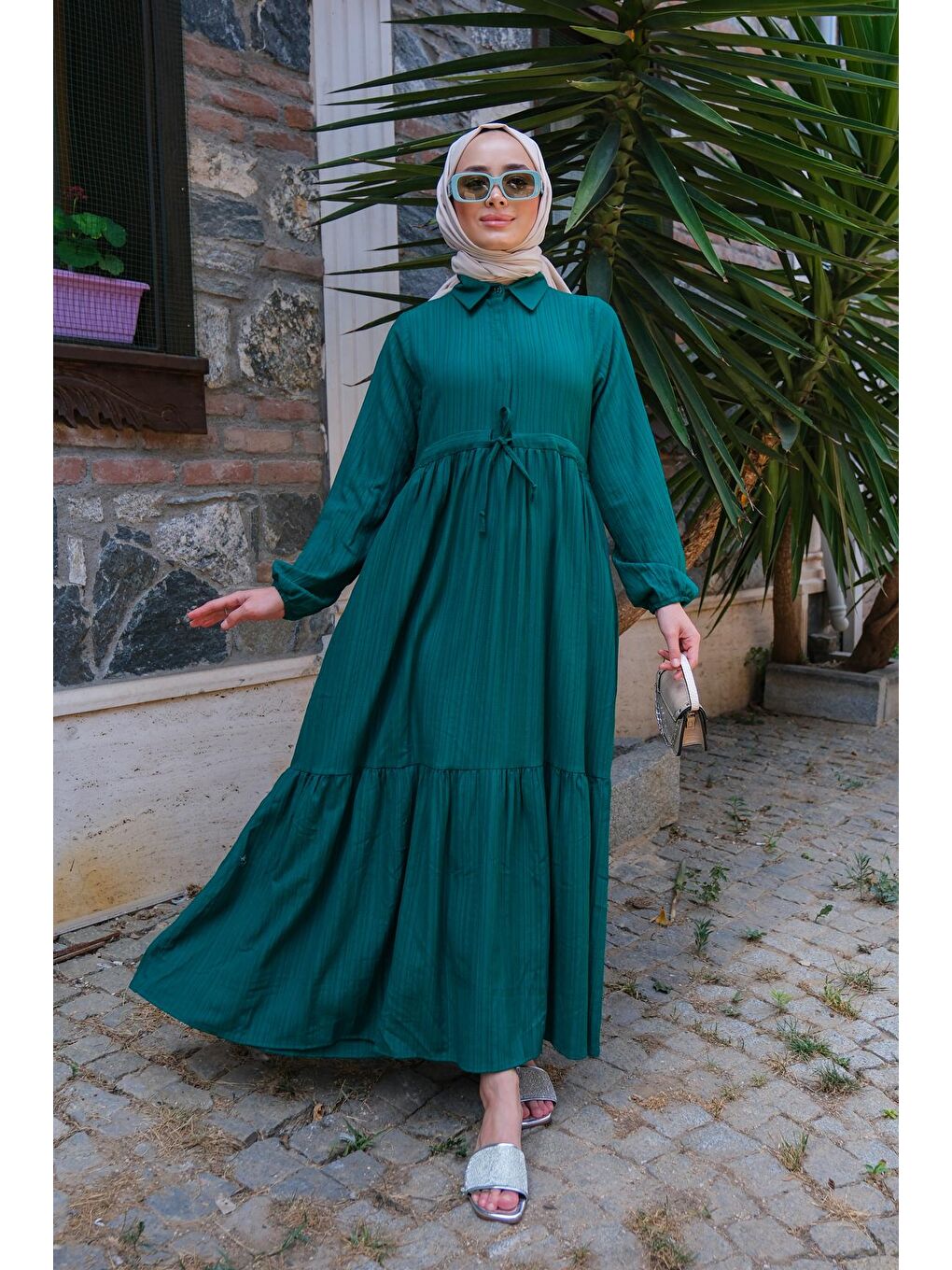 Bel Büzgülü Kadın Elbise Zümrüt Yeşil