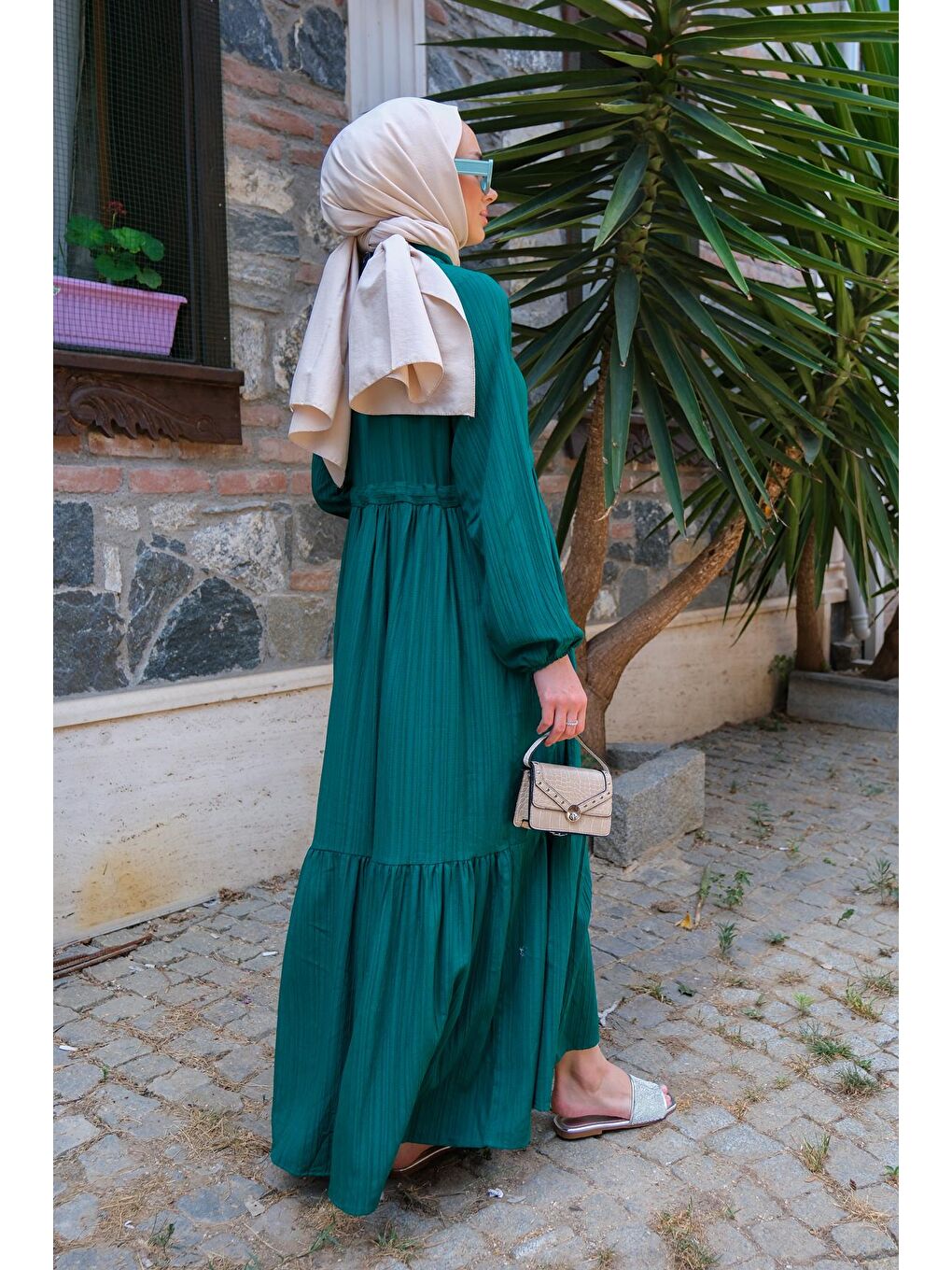 Bel Büzgülü Kadın Elbise Zümrüt Yeşil-1